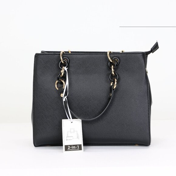 Black Faux Leather Purse and Wallet 2 in 1 Set Tote Cross Body Shoulder Bag - Picture 2 of 16